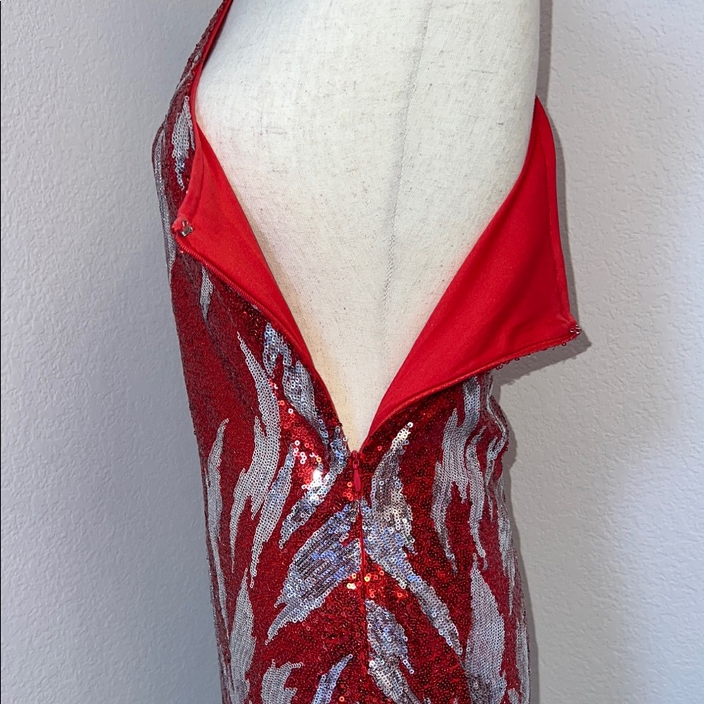Fashion Nova Red and Silver Asymmetrical Ruched Dress - Picture 6 of 9